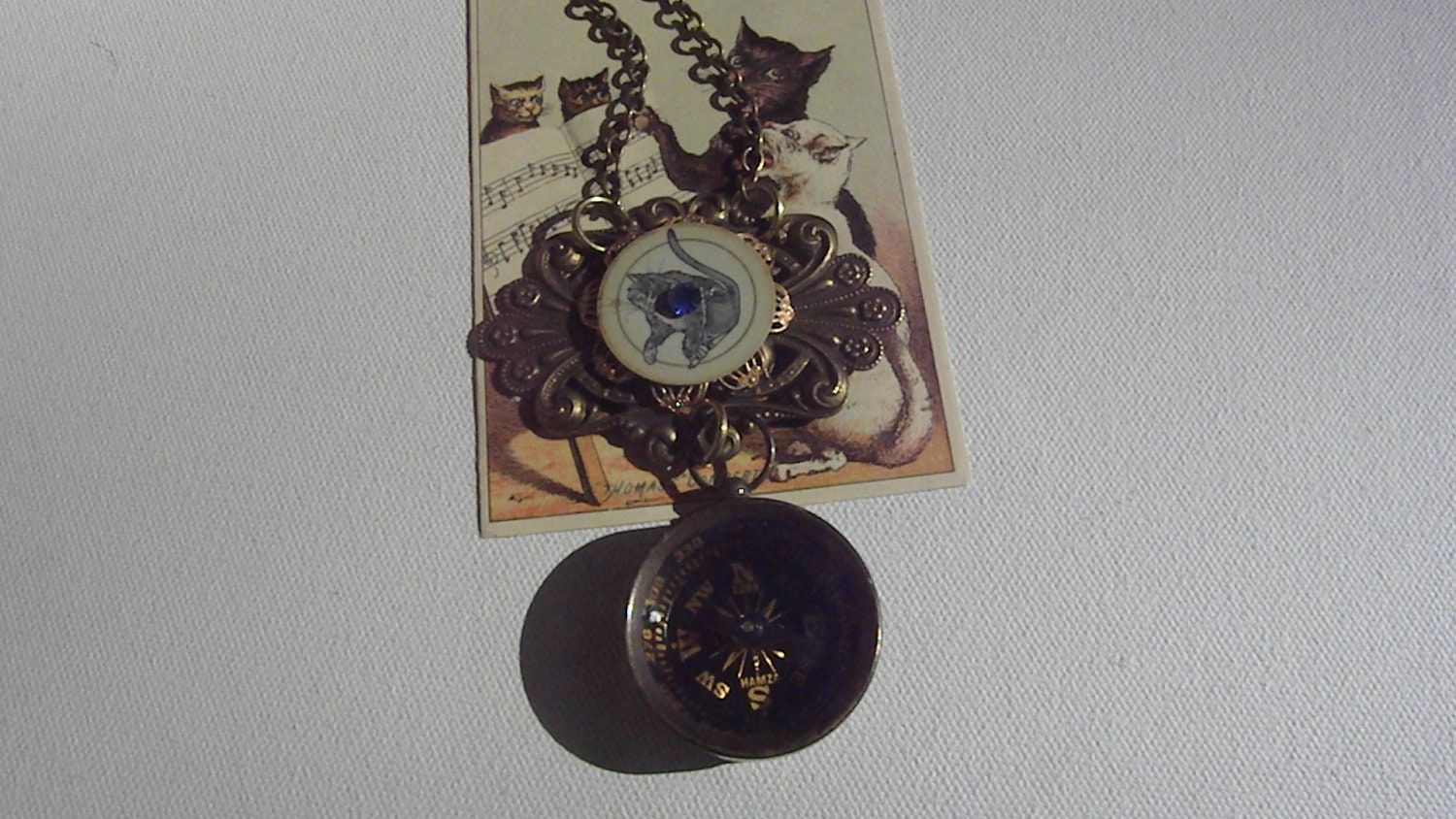 STEAMPUNK FELINE COMPASS Necklace Vintage Watchface SoLD