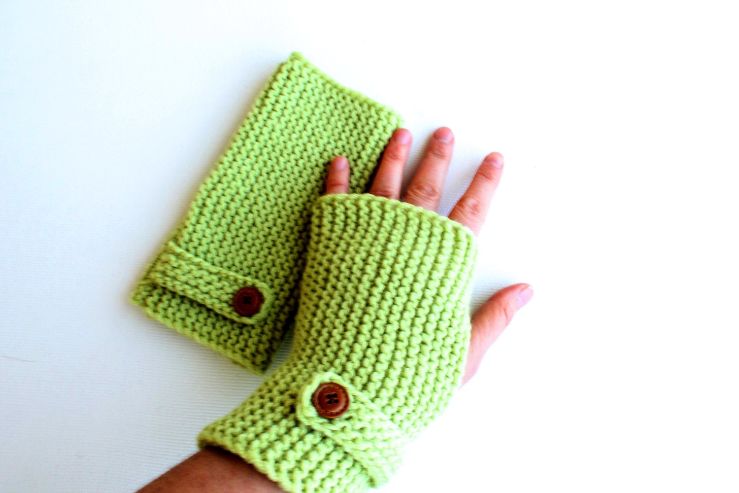 Hand Knitting Fingerless Gloves Mittens Arm Warmers Harvest Green. Autumn trend. Light Green