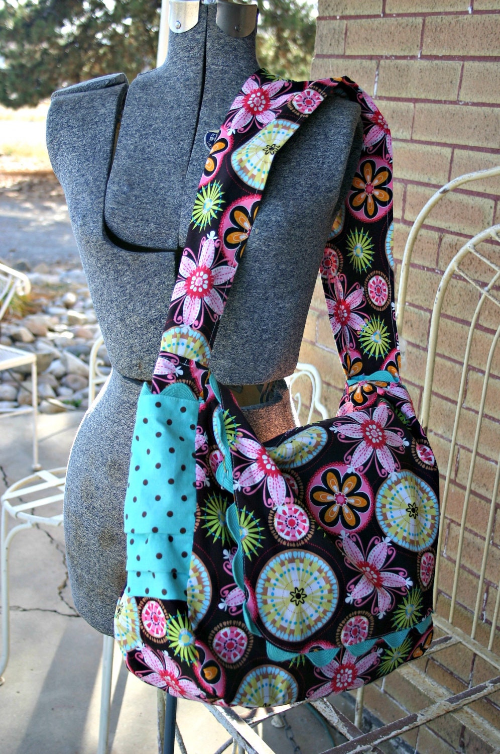 DIAPER BAG PURSE Hot pink and Turquoise bright retro flower with polka dot interior.