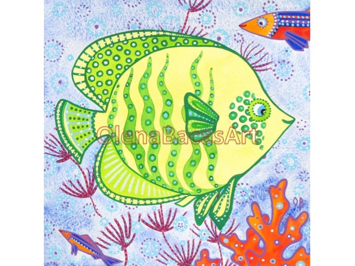Yellow Green Fish ORIGINAL Painting Kids Art Sea Creature Ocean Red Blue Girl Nautical Illustration Nursery Room Decor