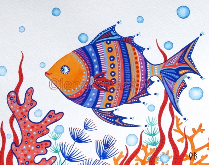 Fish ORIGINAL Painting Kids Wall Art Sea Creature Ocean Orange Blue Red White Nautical Illustration 8"x10" Nursery Room Decor Sale