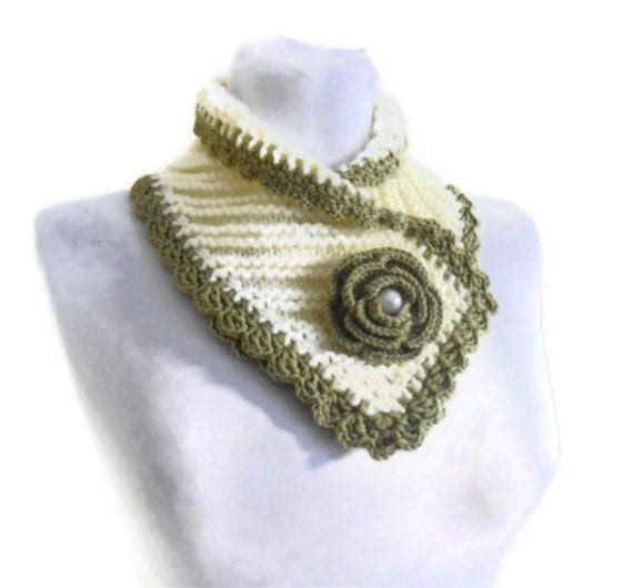 knit collar, Winter fashion, Green and Ivory neckwarmers, hand-knitted, new, Unique gift, 2013