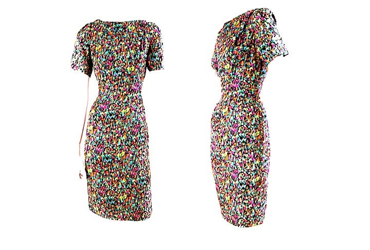Vintage 1960s Cocktail Dress - 60s Silk Wiggle Dress - Multi Color Graphic Print - Size Small IMagnin