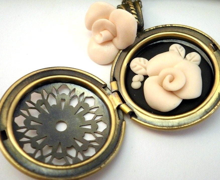 White Rose Locket Long Necklace, Brass Chain, Handmade Necklace - wedding favors, bridesmaid gifts, bridal jewelry