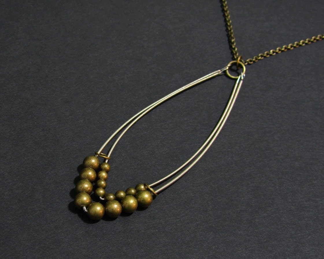 Pendent Necklace 24" Antiqued Brass and Silver-colored - Recycled Guitar String - Girls Rock Indianapolis Charitable Donation