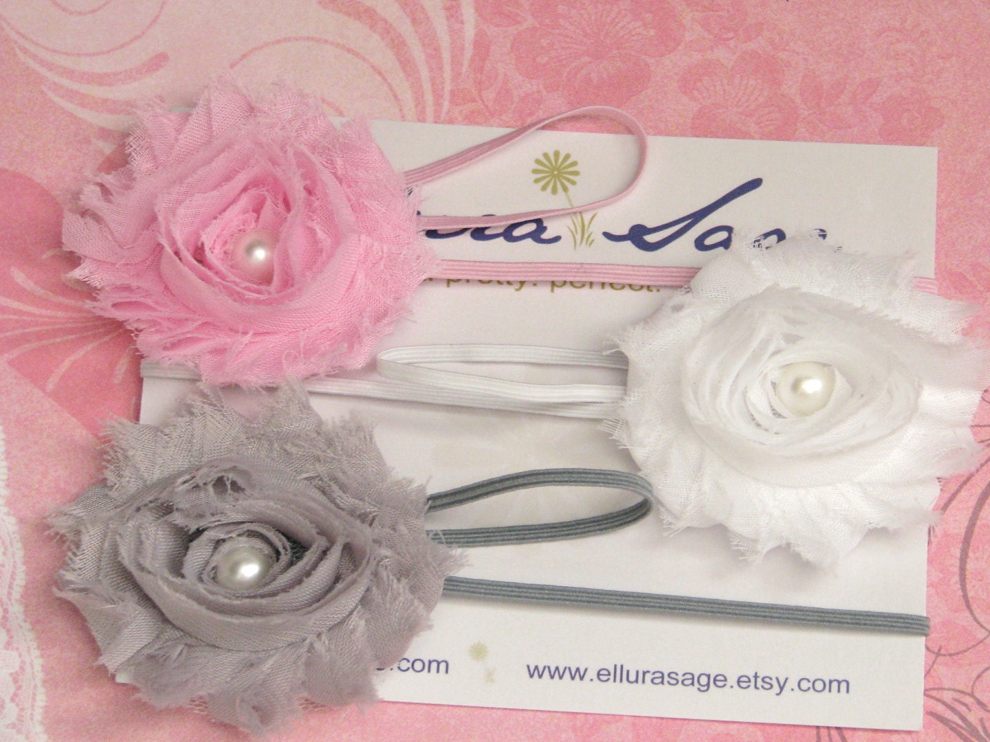 PICK 3 YOU CHOOSE - Shabby Chic Rosette with Pearl Skinny Headband Set
