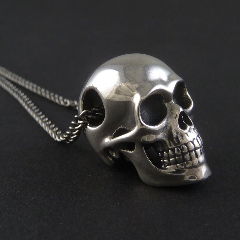 Skull Necklace Sterling Silver Human Skull Pendant on 24" Gunmetal Chain - The Silver Skull