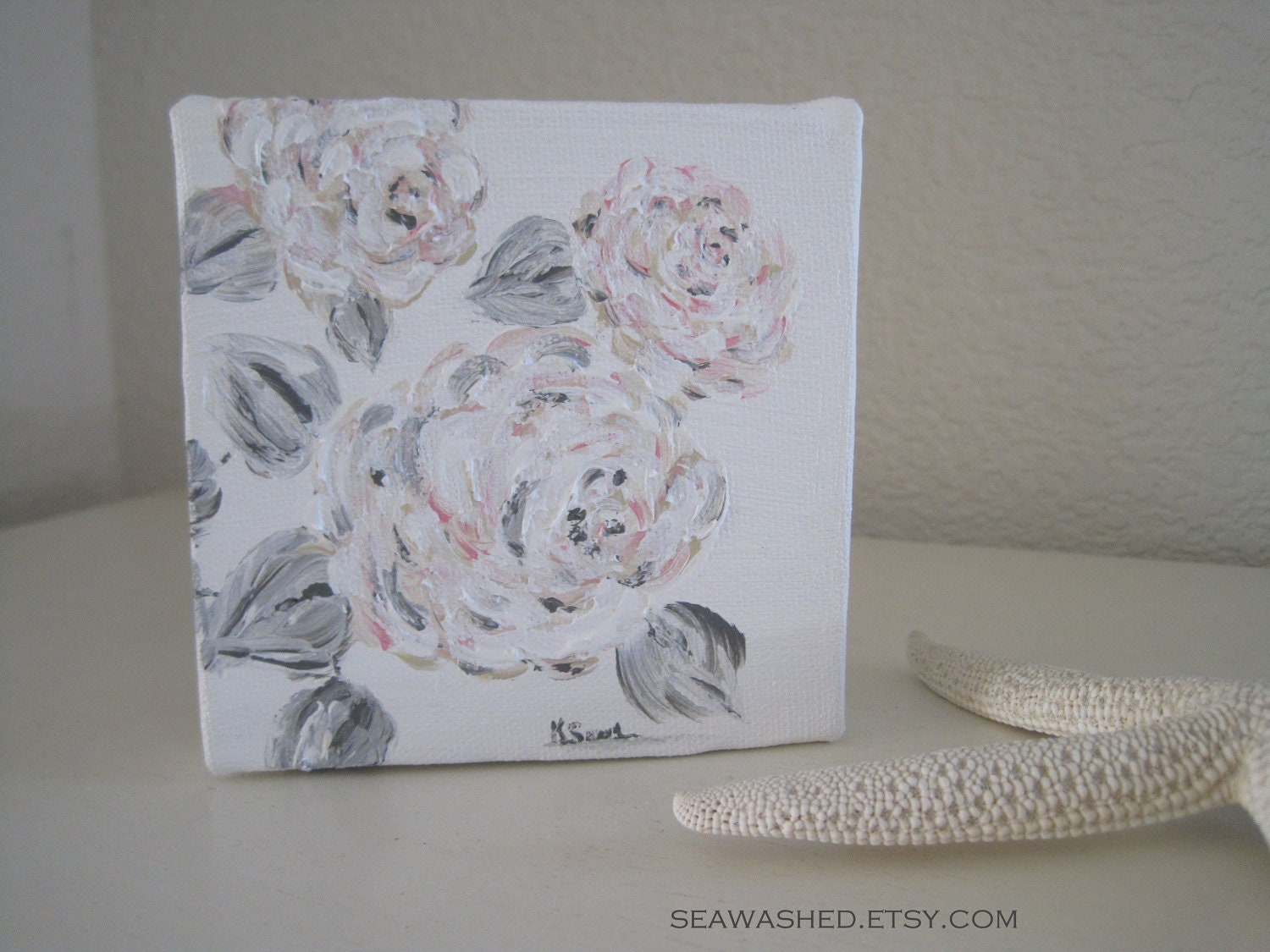 Cream White Roses 'Elinor' Original Painting 4 x 4 Acrylic On Canvas French Nordic Cottage Chic Decor