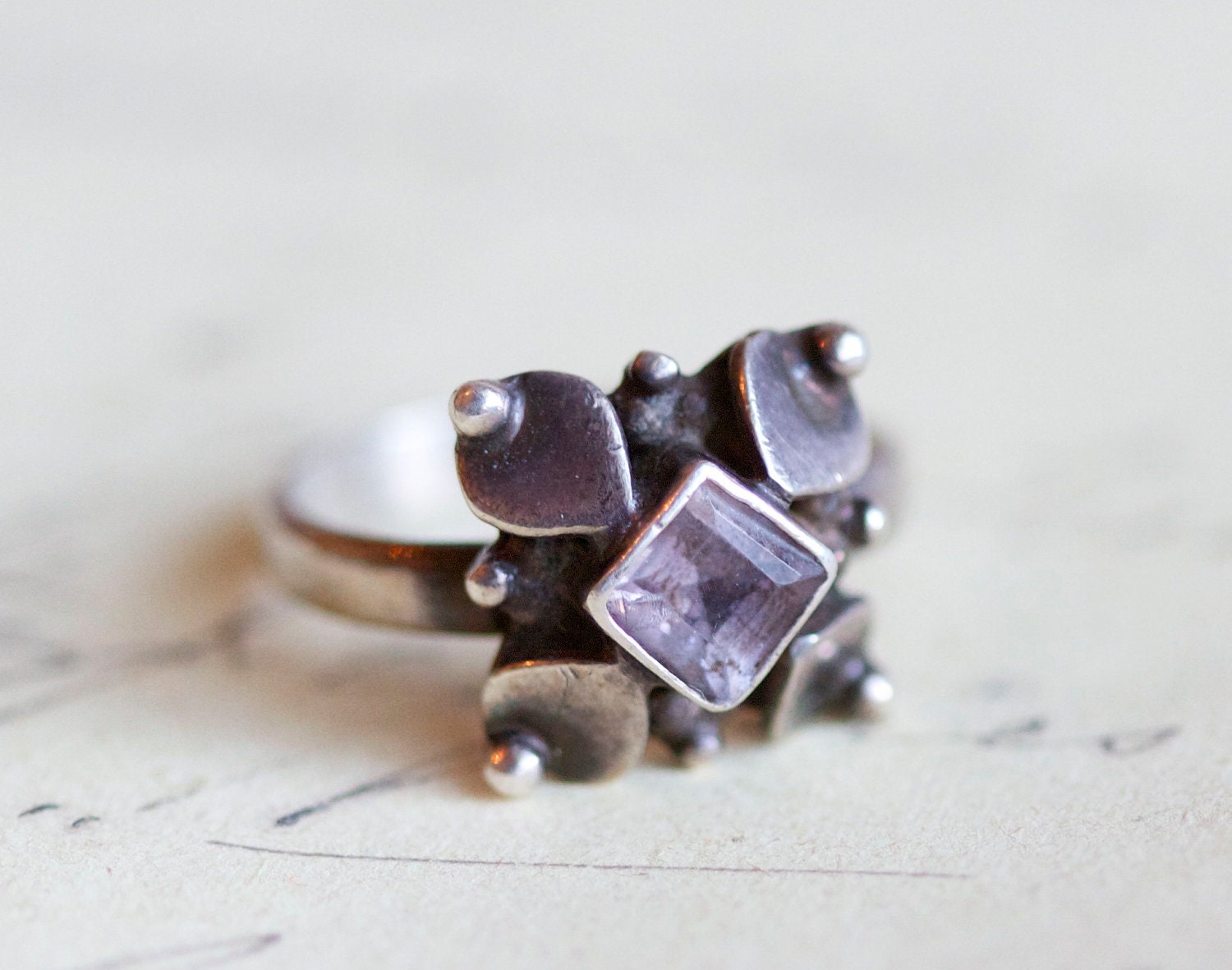 Gothic Flower With Purple Stone -  Sterling Silver Ring
