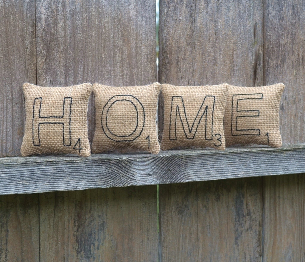 Scrabble Letter HOME Decorative Pillows - Bowl Fillers - Tucks - Ornies - Burlap  - Hand Stitched - Home Decor - Black Ticking