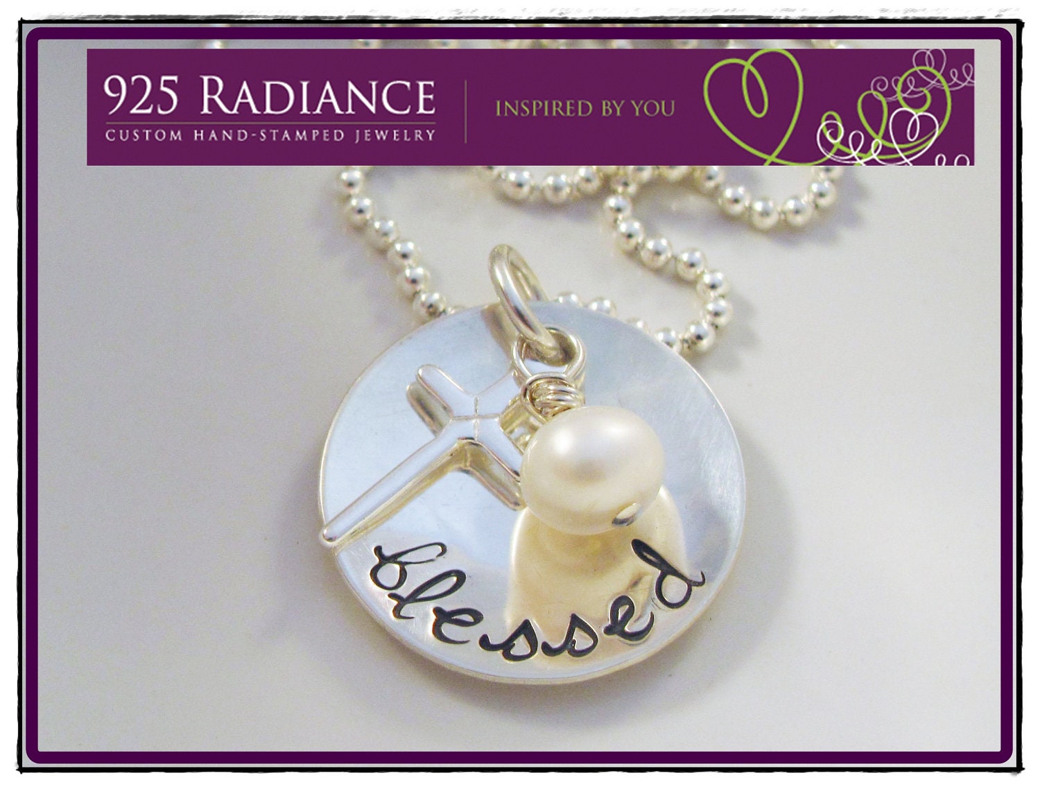 SIMPLY BLESSED - Hand Stamped Personalized Sterling Silver Cross Pearl Necklace
