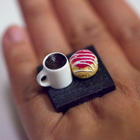 Kawaii Miniature Food Ring - Cup of Tea with a Strawberry Cream Puff
