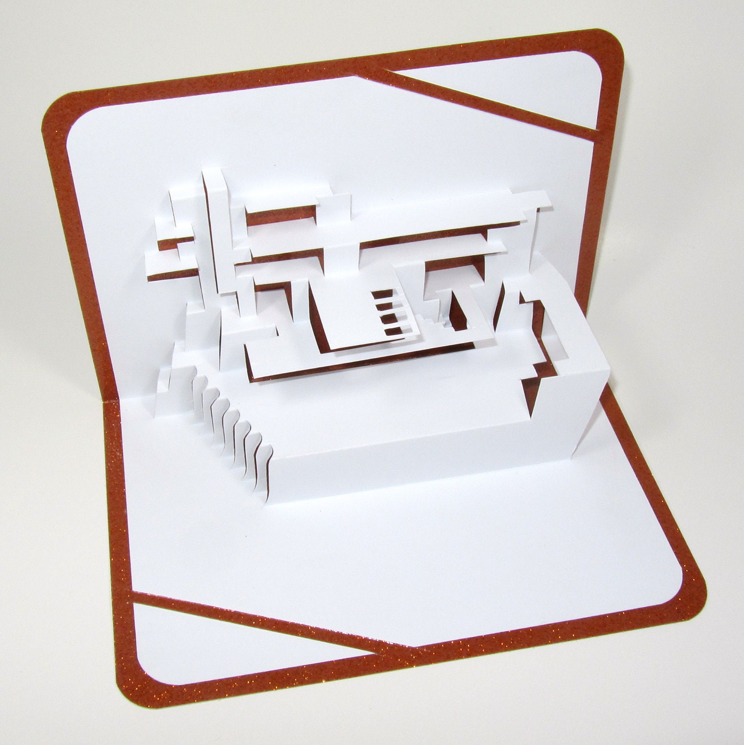 Pop Up 3D Origamic Architecture Card FALLINGWATER by Frank Lloyd Wright Hand Cut in White and Copper. Home Décor. Unique Impressive Gift