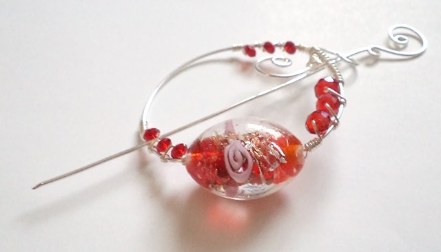 Rose Red Shawl Pin, Scarf Pin, Brooch - Murano Glass  Fibula , Wire Wrap Jewelry