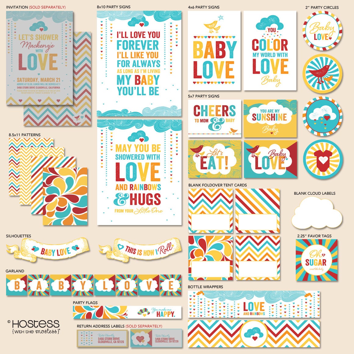 Instant Download - Retro Rainbow Baby Shower - "The Hostess" PRINTABLE Party Collection