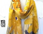 Hand painted silk scarf. Golden Yellow Garbera Daisies Silk Scarf. Silk Scarves Takuyo. Silk Satin Scarf. Approx 10x56 in.