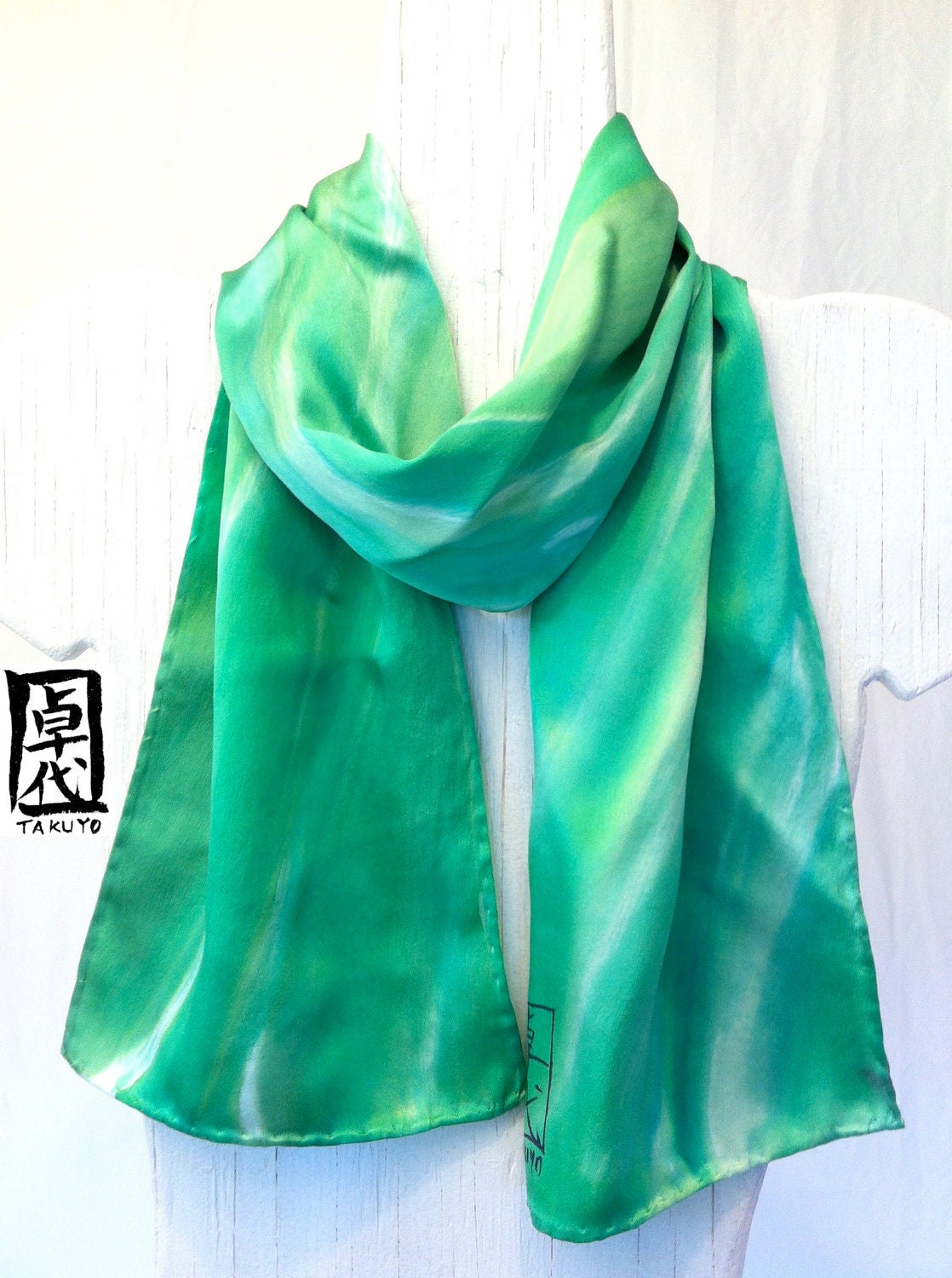 Green Silk Scarf. Silk Scarves Takuyo. Jewel Tone Green Silk Scarf. Luxury Silk Japanese. Silk Charmeuse Scarf. Silk Dye. 8x52 in.
