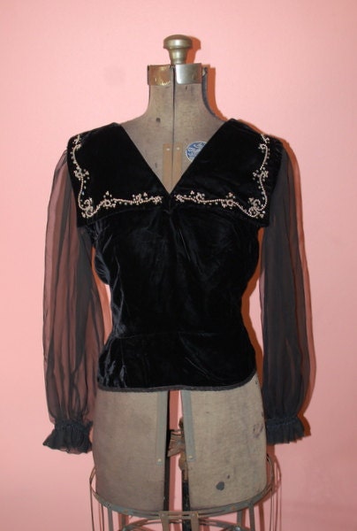 Black Velvet Rhinestone Pearl Elegant Gothic Victorian Blouse Beautiful