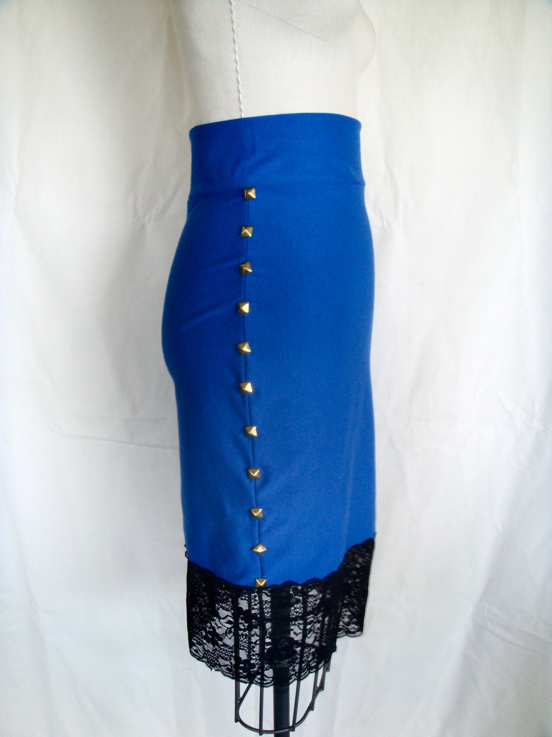 Studded Royal Blue Knit Pencil Skirt w/ Lace Hem.