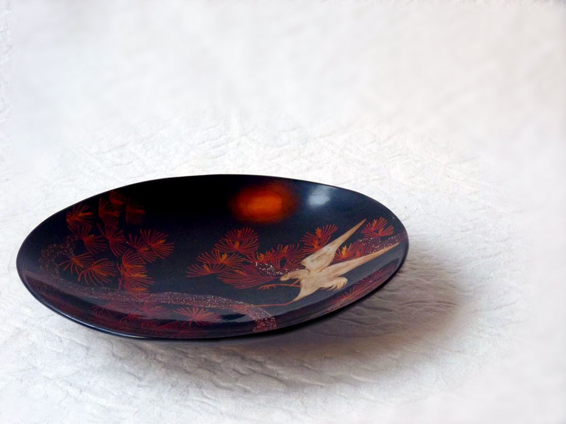 Lacquer crane bowl, shallow black bowl with dancing crane, fireworks tree, gold moon