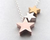 Star trio necklace - tri color necklace - star necklace with silver, gold and rose gold