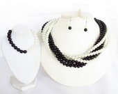 Black Obsidian  White Pearl Torsade Bridesmaied Jewelry Set - Pearl Statement Bridesmaid Jewelry-  Black Wedding Jewelry - Necklace,