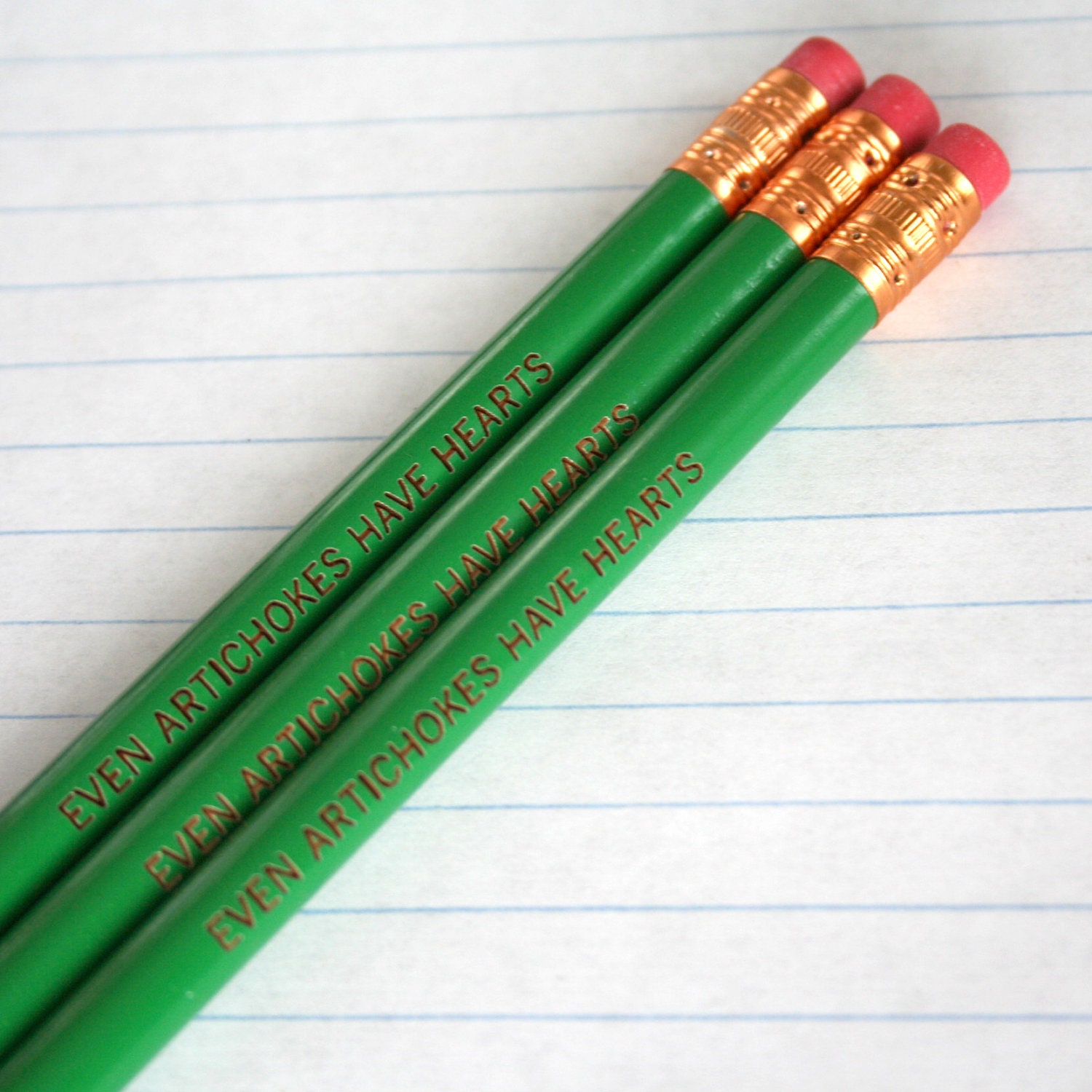 even artichokes have hearts three 3 pencils in green. Hilarious pencils for veggie lovers and deadpan snarkers everywhere.