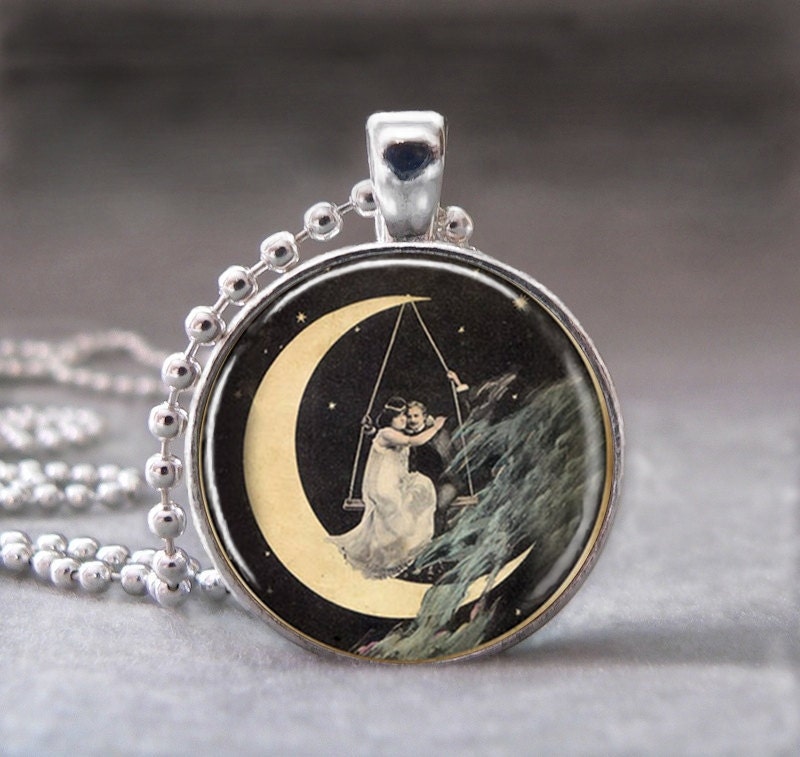 Swinging on the Moon, Altered Art Glass Dome Photo Pendant Necklace, No. 078-1