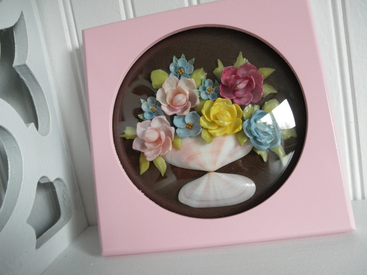 Upcycled Shabby Chic Seashell Picture in Convex Frame - Beach Cottage Chic Decor - Rose Pink