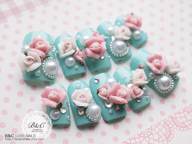 Princess Style Fake Nail Set - " My Lovely Rose Garden "