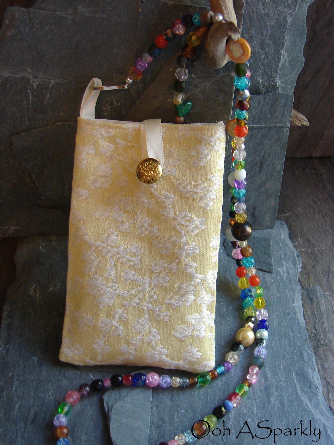 iPhone 5, 3G - 4G, iPod-Touch, BlackBerry, Droid II Case/Sleeve --Yellow Ivory Print Jewelry Beaded Strap -- Button Closure 36" Strap