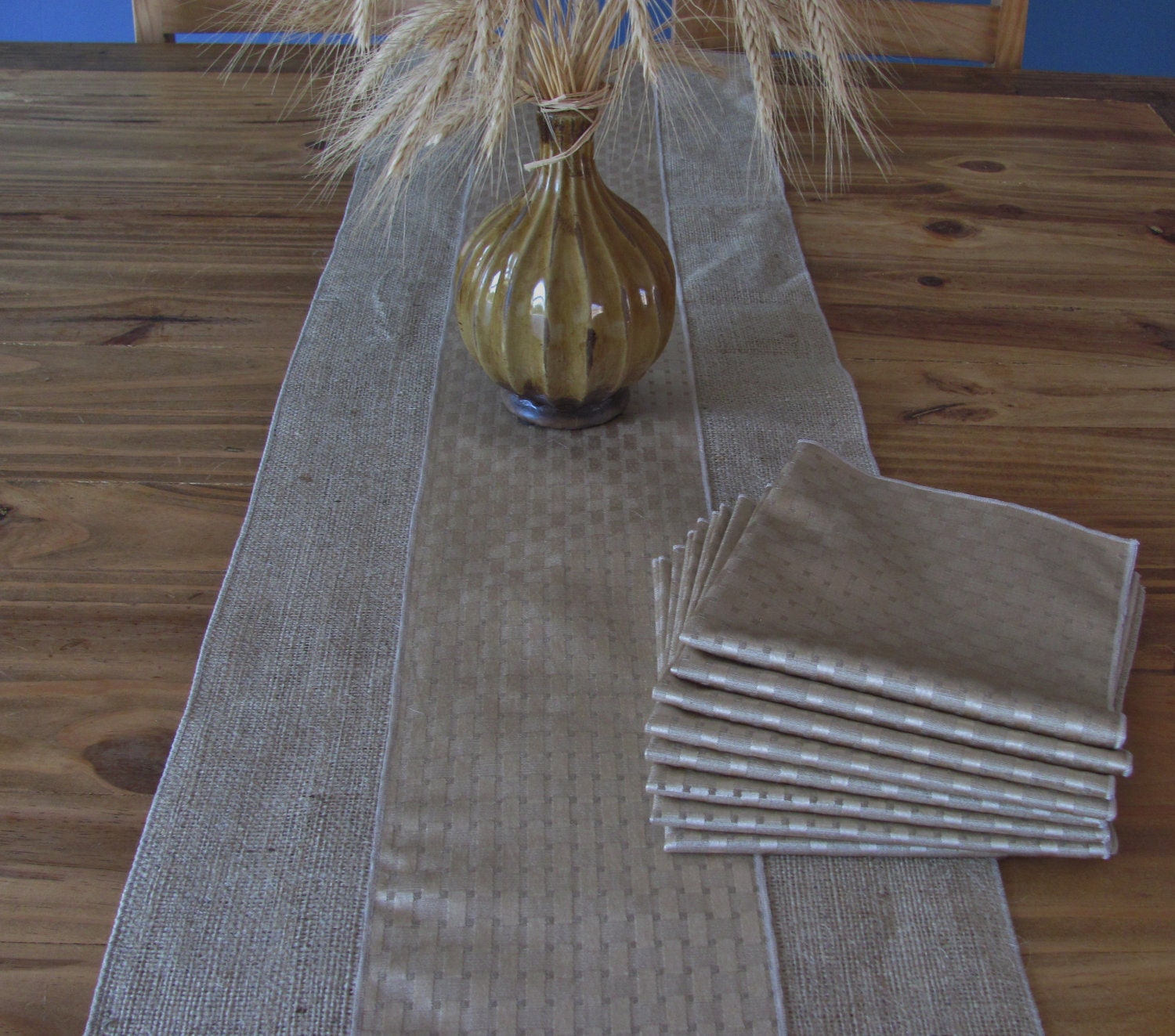 Burlap runner 14" x 92" with nougat/gold accent fabric and 12 napkins
