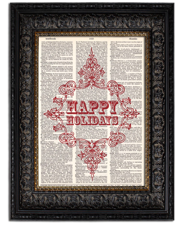 HAPPY HOLIDAYS ORNAMENT Art Print in Red, Christmas Wall Decor, dictionary art print, 8x10, on vintage dictionary page