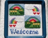 Rainbow welcome cross stitch sign