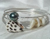 Set of 3 Sterling Silver Tahitian Pearl, puka and cone shell Bangles