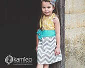 The Stella - Yellow Grey Aqua Blue Chevron Girls Dress 6-12mo - 12 yrs