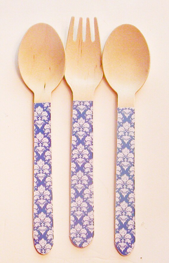 Blue and White Damask Wooden Forks or Spoons - Set of 20 Il_570xn