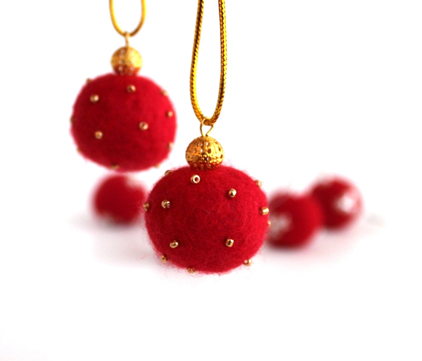 Red felt balls ornaments. Felt Christmas ornaments . Red Christmas felt balls . Red Gold felt balls decoration .
