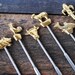 Vintage German Steel Skewers, Rostfrei Kabob Grill Ornate Gold Animal Tip Barbecue Grill Set in Original Box