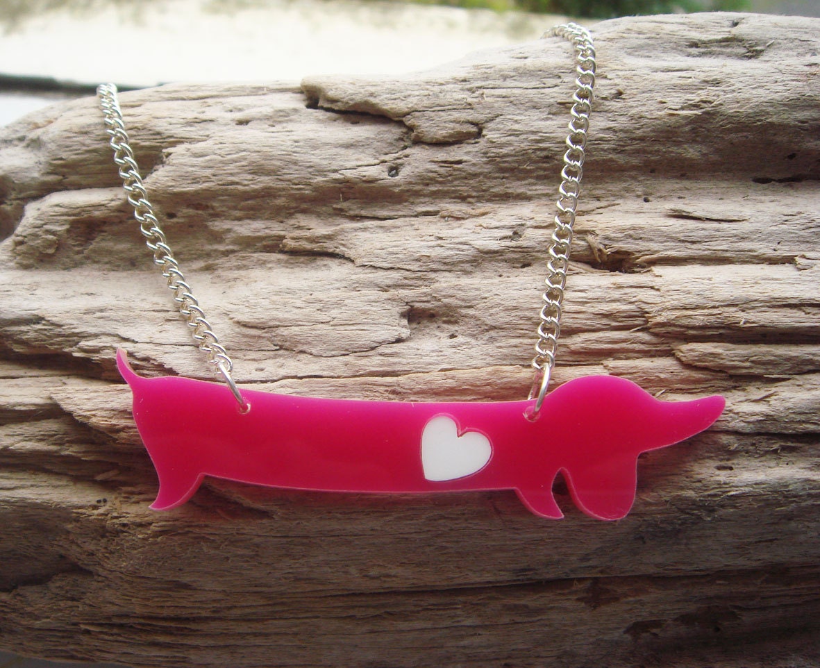 Betty the Sausage Dog acrylic necklace with an extra swappable heart
