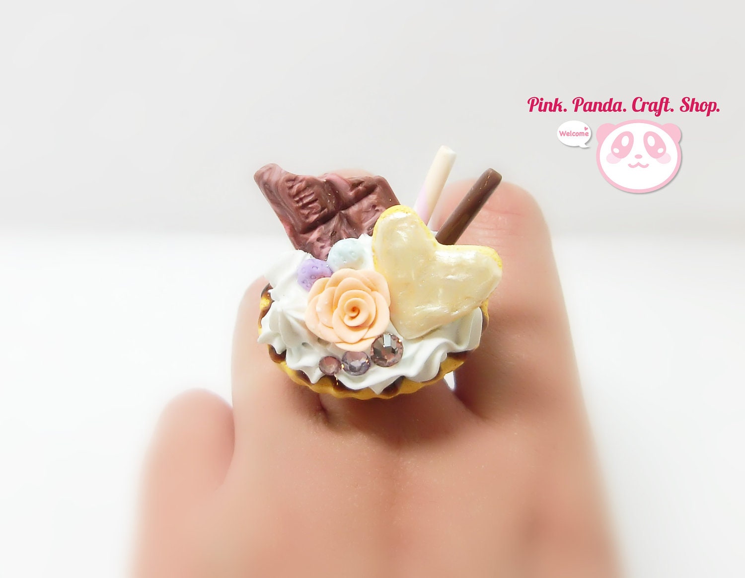 Rosy creamy lovable polymer clay sweet adjustable ring