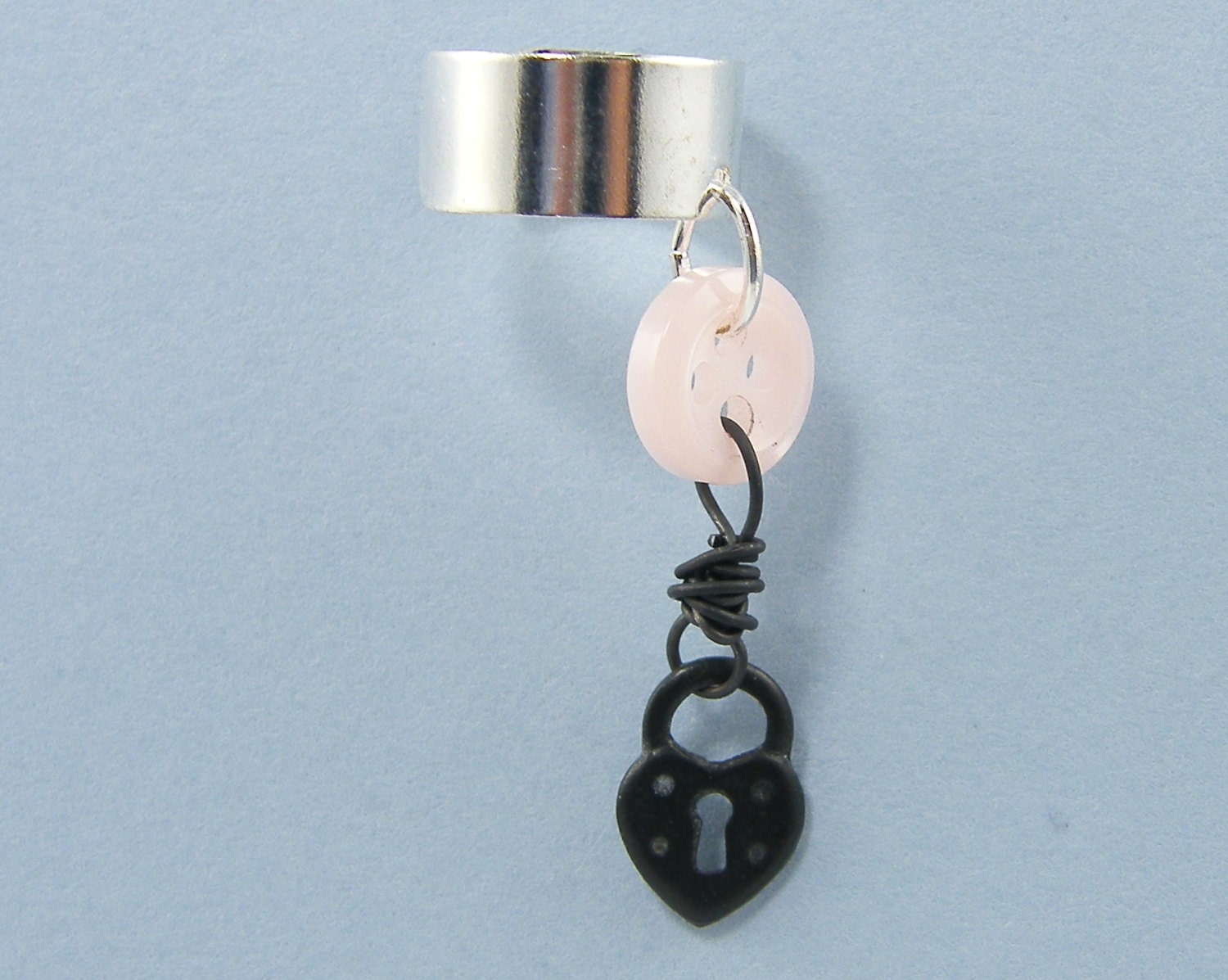 Heart Ear Cuff - Silver Pink Button Dangle Drop Earcuff