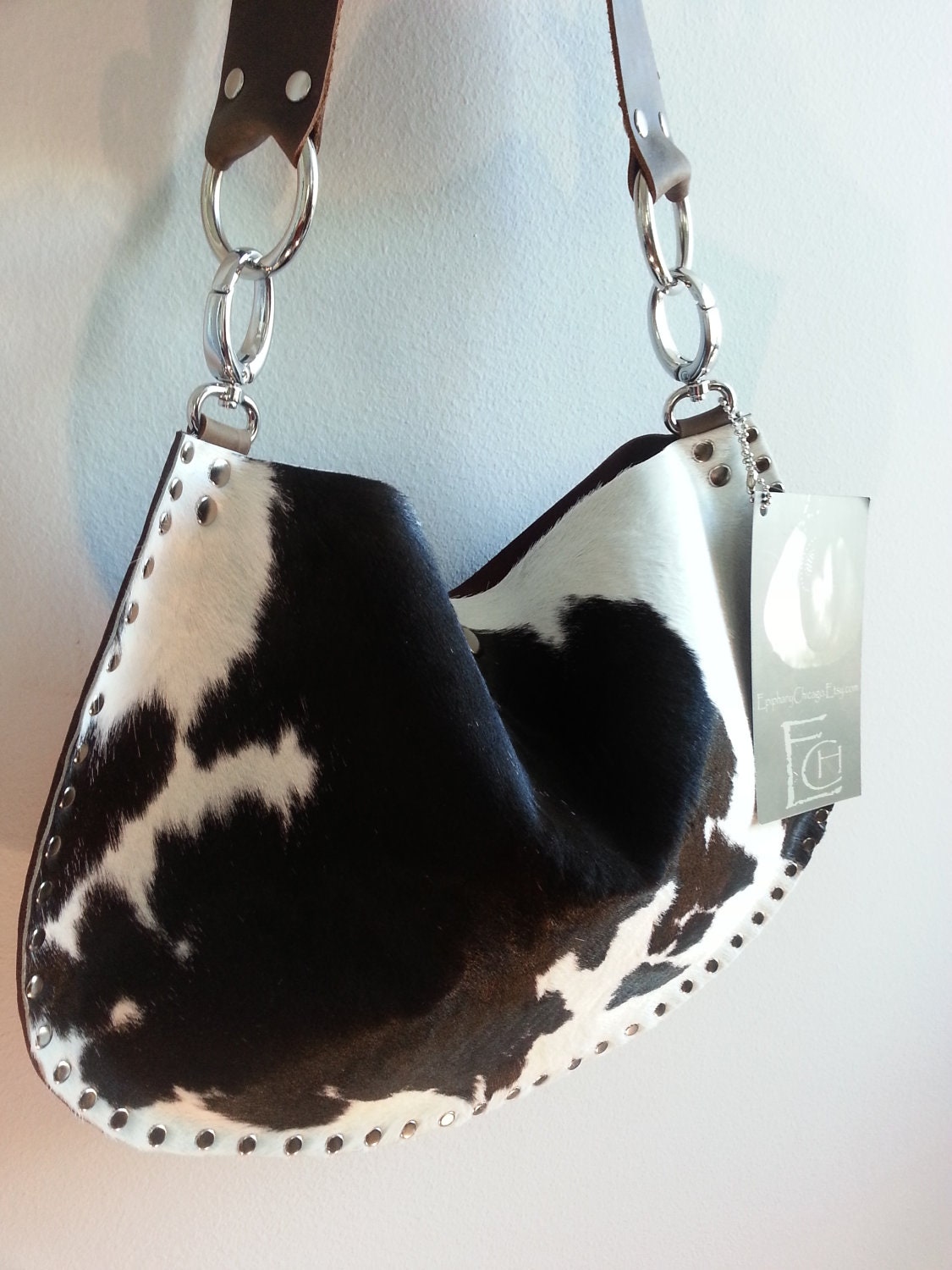 Small Calf Skin Short Hair On Leather Handmade Handbag with Swarovski Crystal Contrast Strap