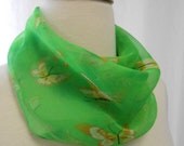 Lime Green & Orange Butterfly Print Semi Sheer Chiffon Scarf / Square Scarf 18 x 18"
