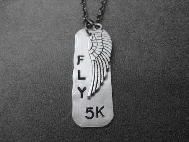 FLY 5K with WING Running Necklace - Aluminum Dog Tag Style Runner Necklace on 24 inch Gunmetal Chain - Stainless Steel Chain available