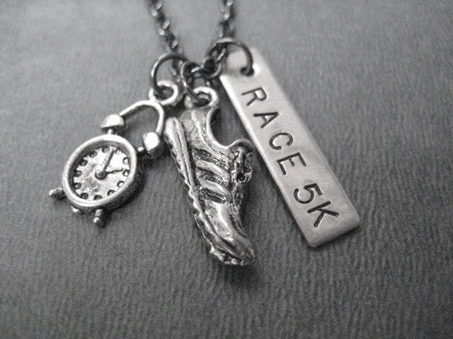 Time to RACE 5K - Running Jewelry - Cross Country Running Necklace on 18 inch gunmetal chain - Road Race Gift