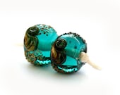 Ocean Teal Lampwork beads PAIR, handmade, organic, glass, beachy set - SRA - by MayaHoney