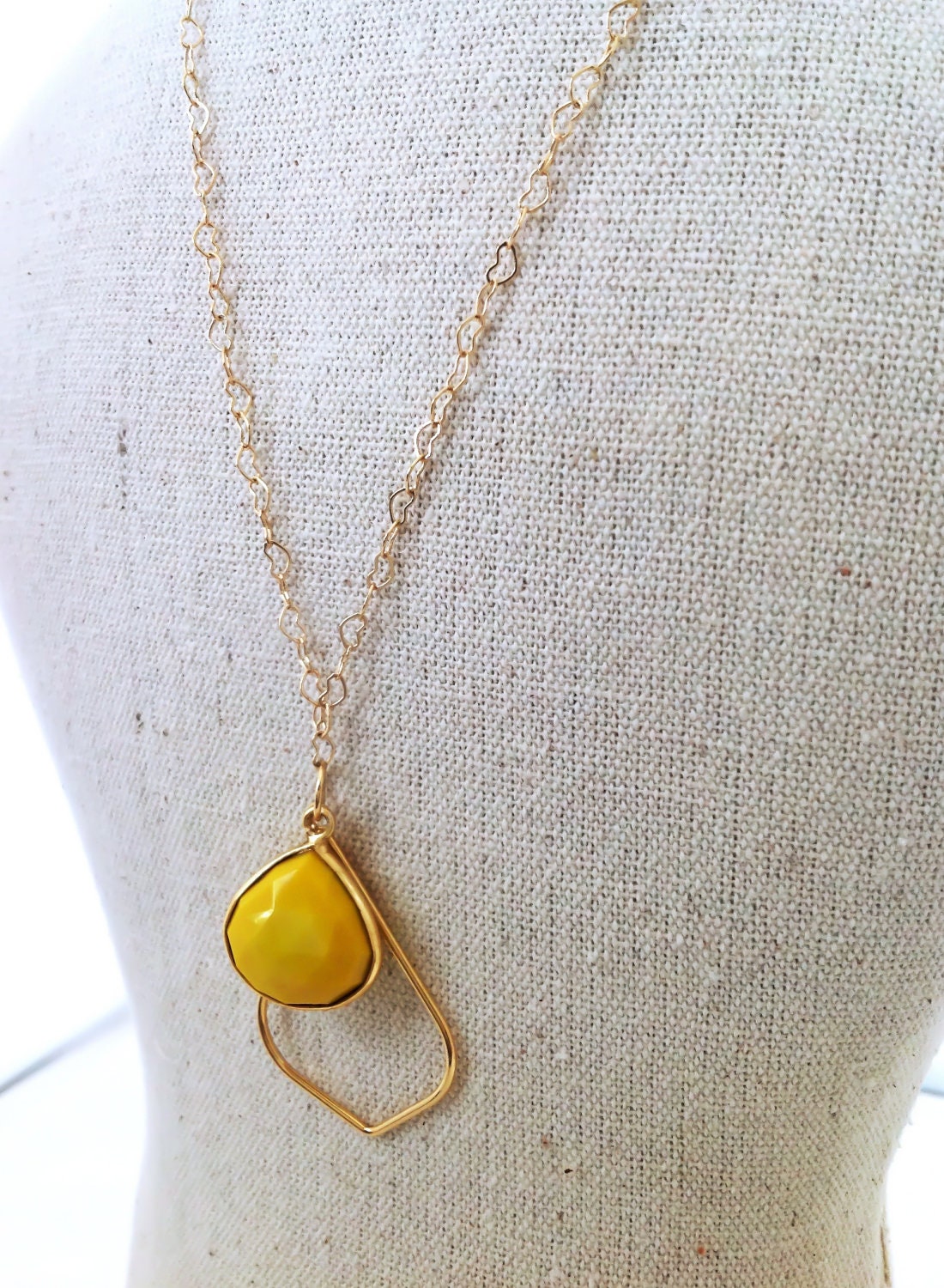 Yellow necklace. Love necklace. Hearts necklace. Gold filled necklace. Yellow turquoise necklace. Yellow bezel necklace.