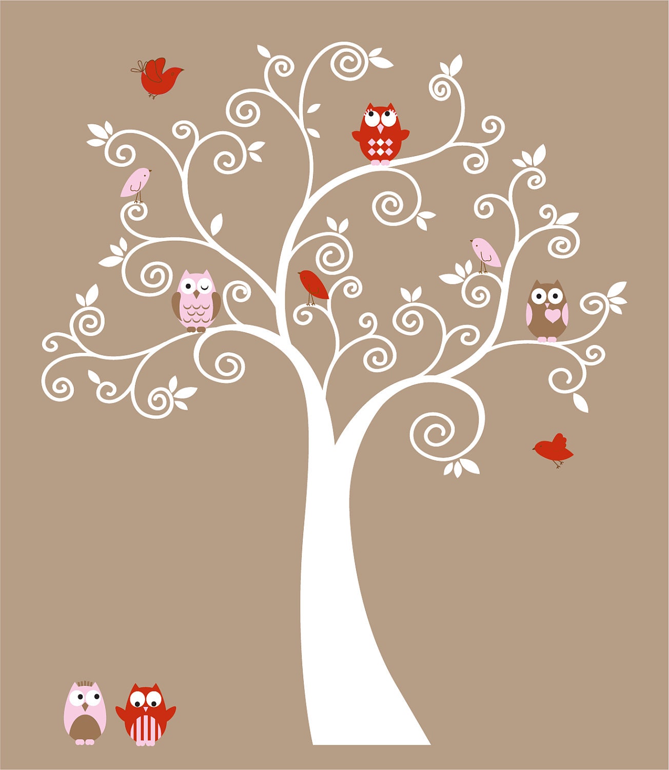 Cute Kids tree with 5 owls and birds vinyl wall decal cute for a nursery or childs room