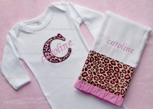 Baby Girl Infant Gown or Onesie and Personalized Burp Cloth - Leopard Initial Applique - Newborn thru 12 months
